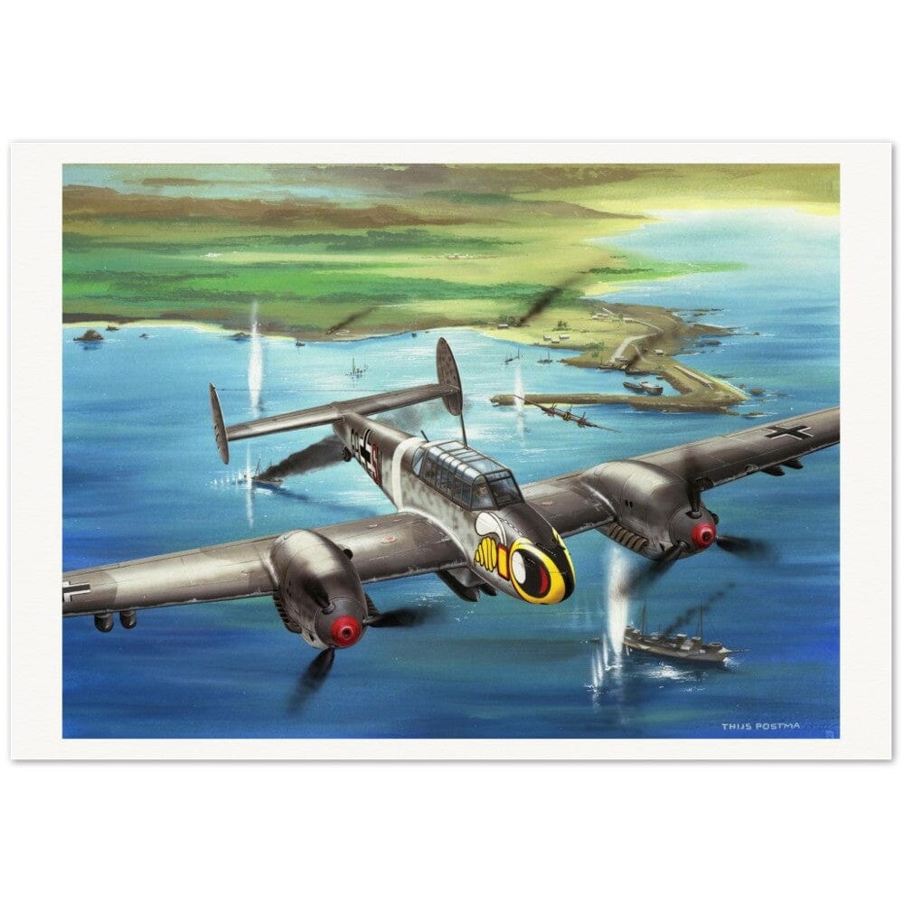 Thijs Postma - Poster - Messerschmitt Bf 110 Attacking Maritime Targets Poster Only TP Aviation Art 70x100 cm / 28x40″ 