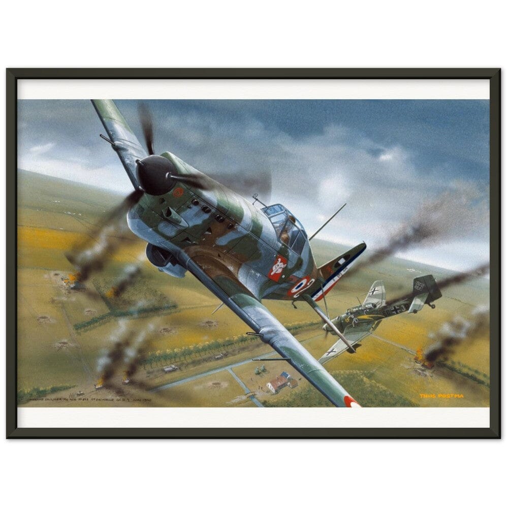 Thijs Postma - Poster - Morane Saulnier MS.406 In Action In 1940 - Metal Frame Poster - Metal Frame TP Aviation Art 45x60 cm / 18x24″ Black 
