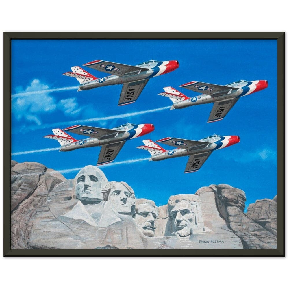 Thijs Postma - Poster - Republic F-84 Thunderbirds At Mount Rushmore - Metal Frame Poster - Metal Frame TP Aviation Art 40x50 cm / 16x20″ Black 