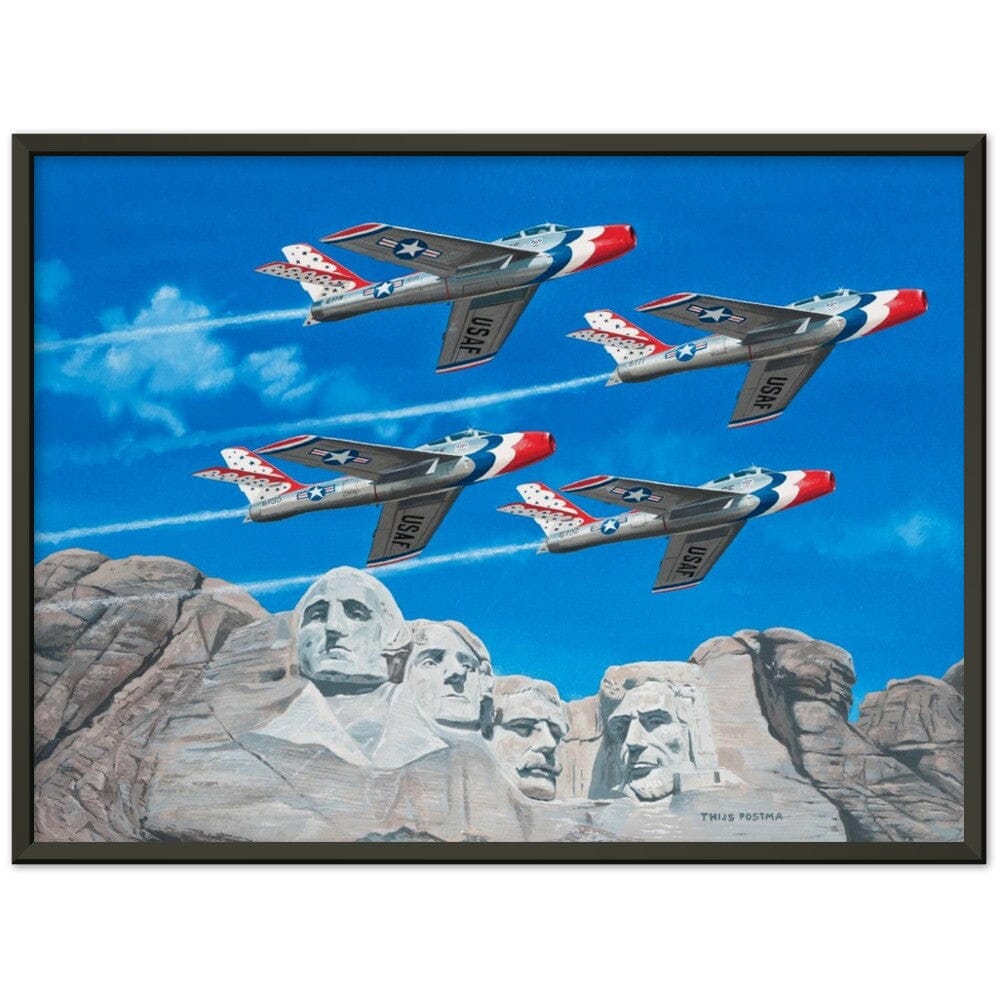 Thijs Postma - Poster - Republic F-84 Thunderbirds At Mount Rushmore - Metal Frame Poster - Metal Frame TP Aviation Art 45x60 cm / 18x24″ Black 