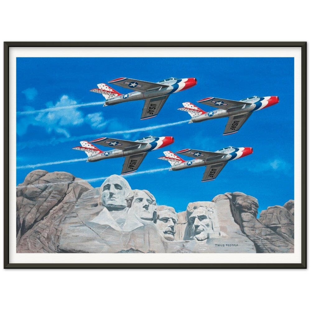 Thijs Postma - Poster - Republic F-84 Thunderbirds At Mount Rushmore - Metal Frame Poster - Metal Frame TP Aviation Art 60x80 cm / 24x32″ Black 