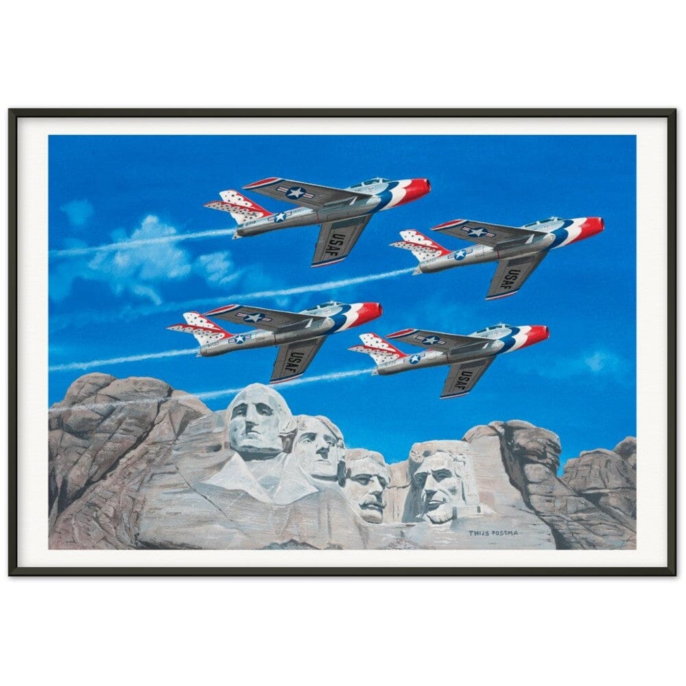 Thijs Postma - Poster - Republic F-84 Thunderbirds At Mount Rushmore - Metal Frame Poster - Metal Frame TP Aviation Art 70x100 cm / 28x40″ Black 