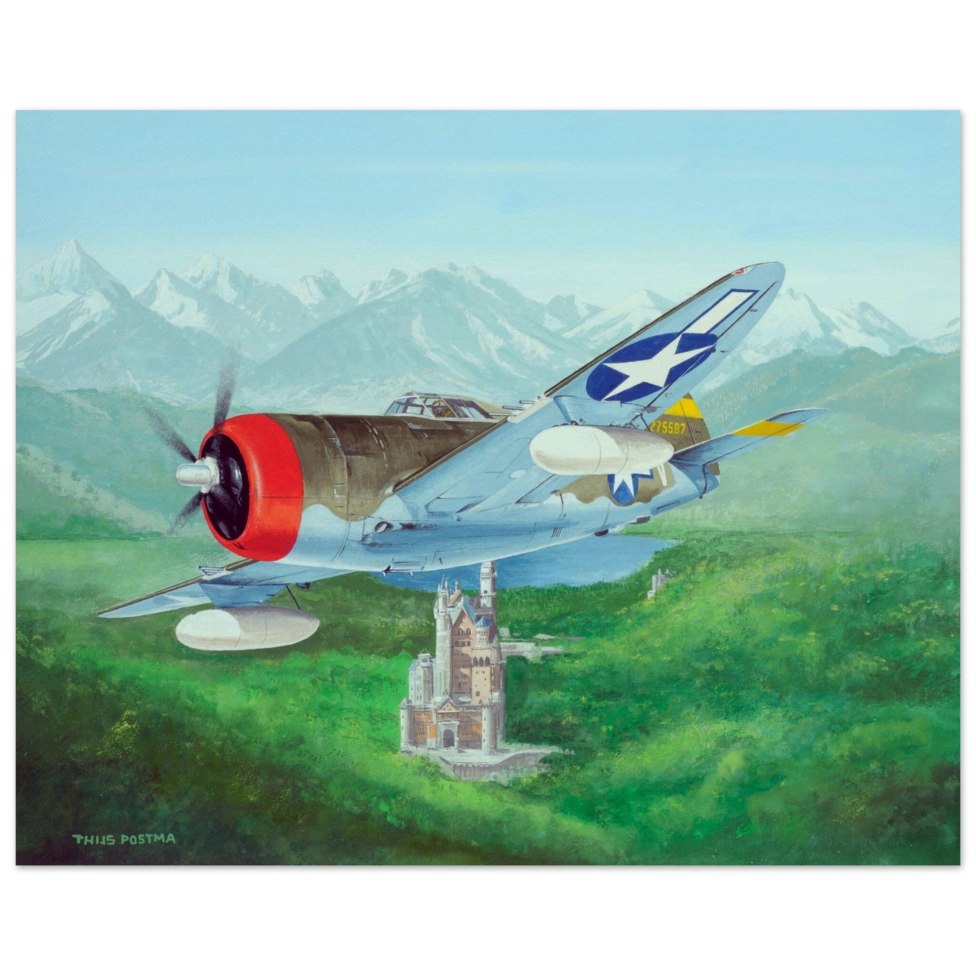 Thijs Postma - Poster - Republic Thunderbolt USAF Over Schloss Neuschwanstein Poster Only TP Aviation Art 40x50 cm / 16x20″ 