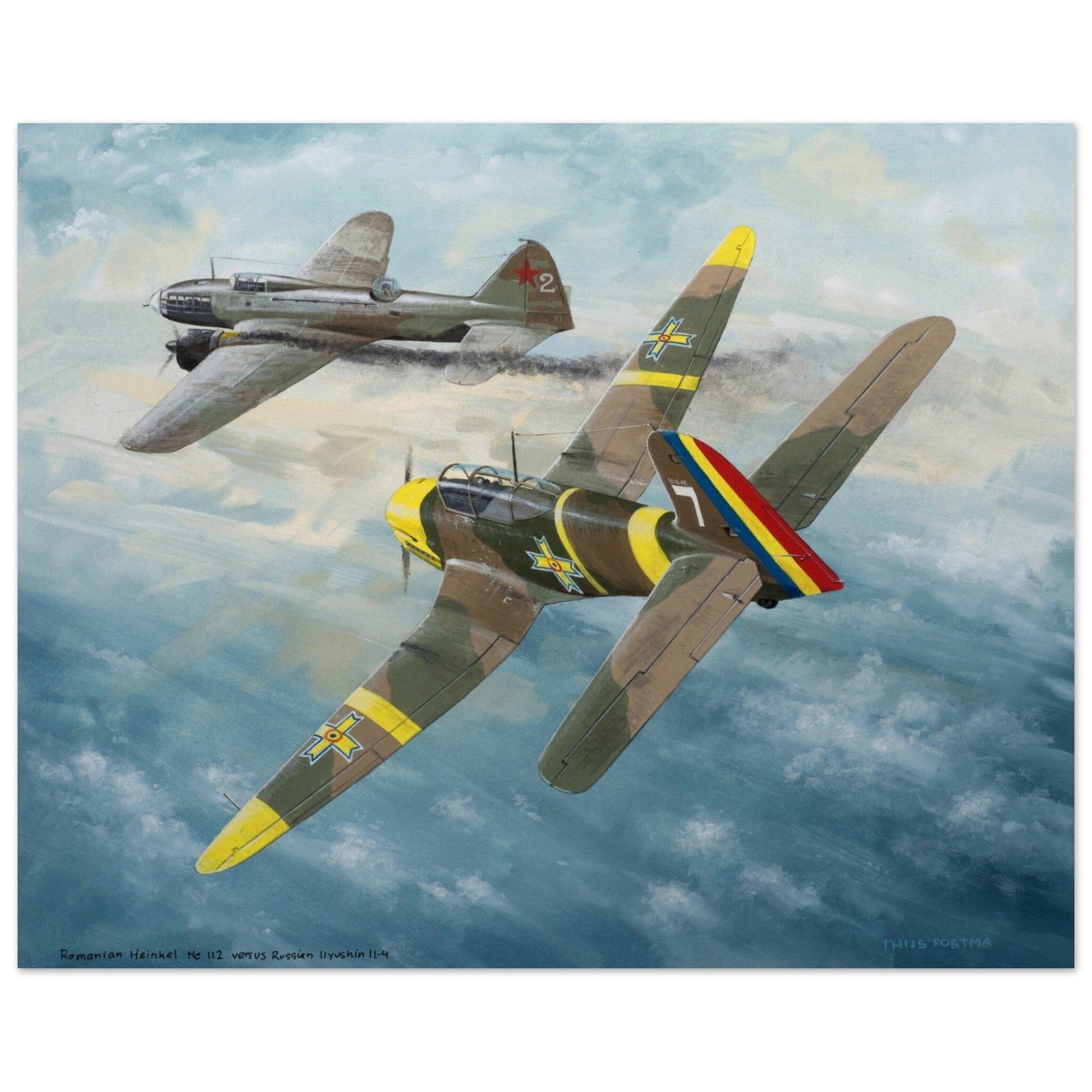 Thijs Postma - Poster - Romanian Heinkel He 112 Attacks Russian Ilyushin Il-4 Poster Only TP Aviation Art 40x50 cm / 16x20″ 