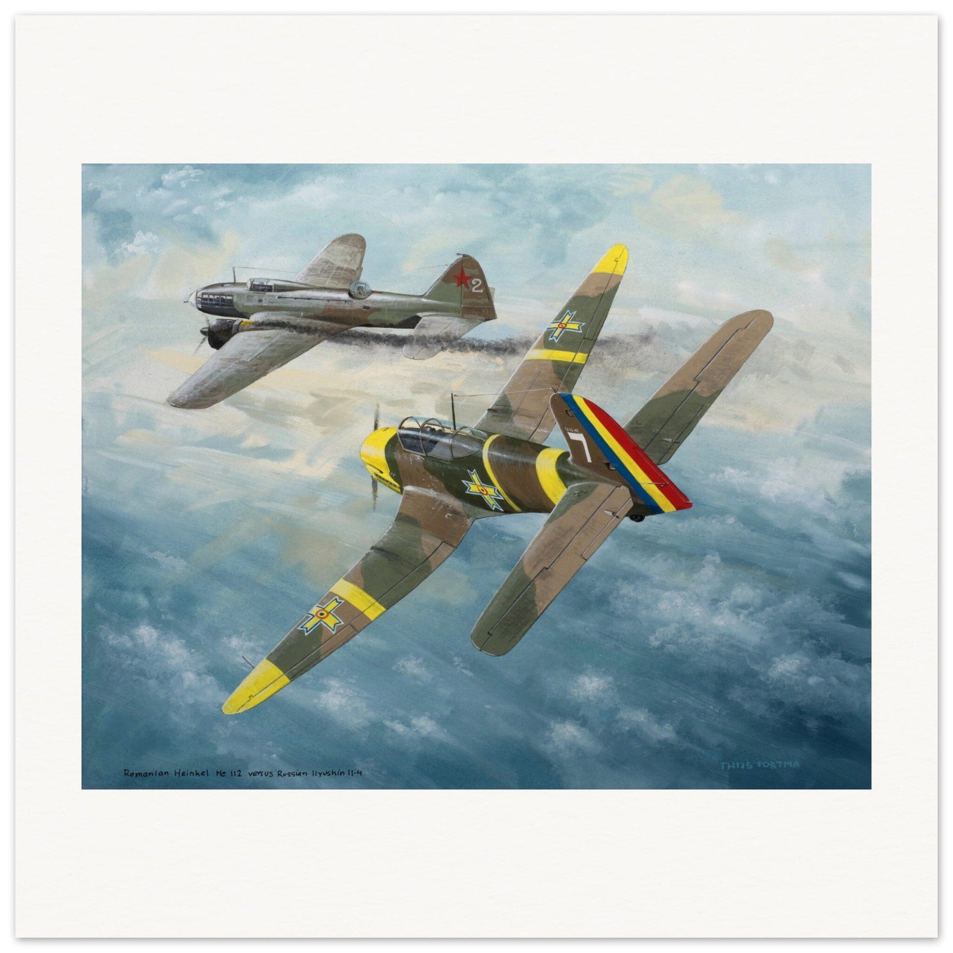 Thijs Postma - Poster - Romanian Heinkel He 112 Attacks Russian Ilyushin Il-4 Poster Only TP Aviation Art 70x70 cm / 28x28″ 
