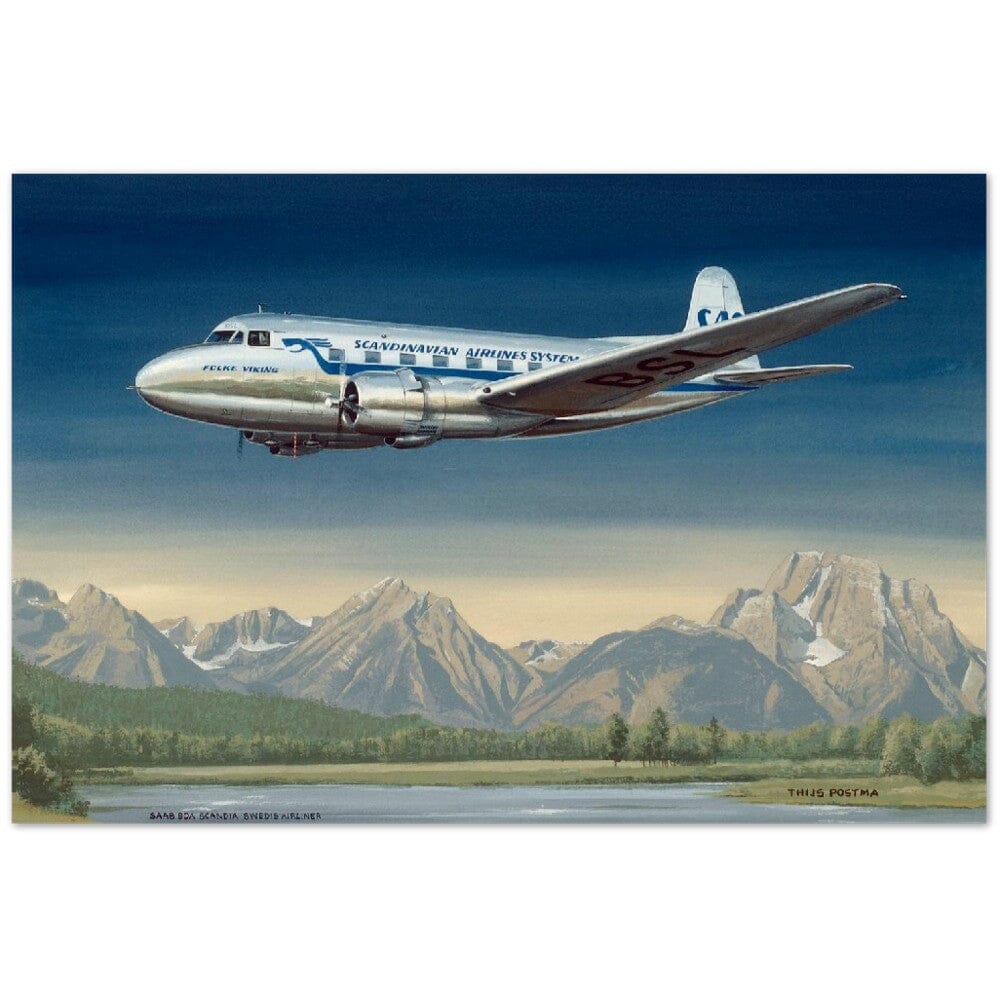 Thijs Postma - Poster - SAAB 90A Scandia SAS Flying Over Sweden Poster Only TP Aviation Art 40x60 cm / 16x24″ 