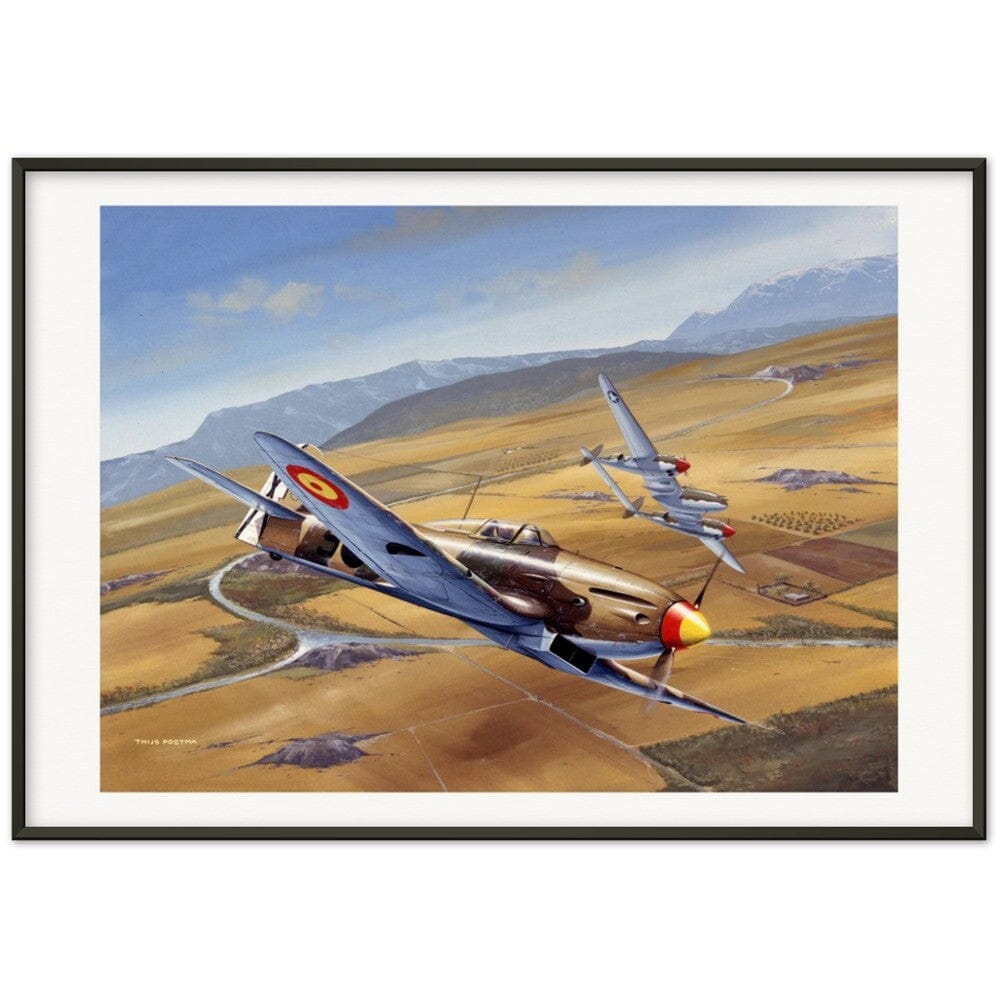 Thijs Postma - Poster - Spanish Heinkel He 112 Intercepting A Lockheed P-38 Lightning - Metal Frame Poster - Metal Frame TP Aviation Art 