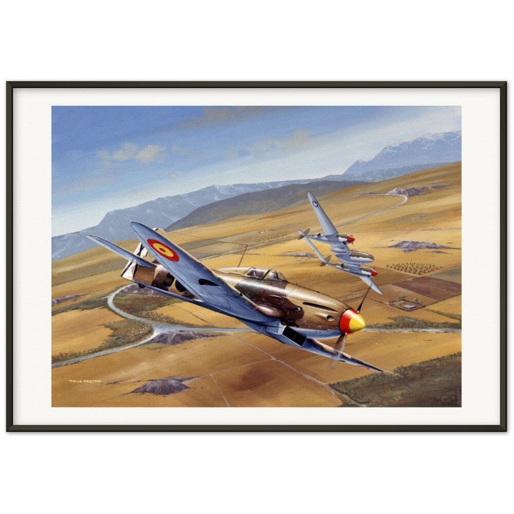 Thijs Postma - Poster - Spanish Heinkel He 112 Intercepting A Lockheed P-38 Lightning - Metal Frame Poster - Metal Frame TP Aviation Art 70x100 cm / 28x40″ Black 