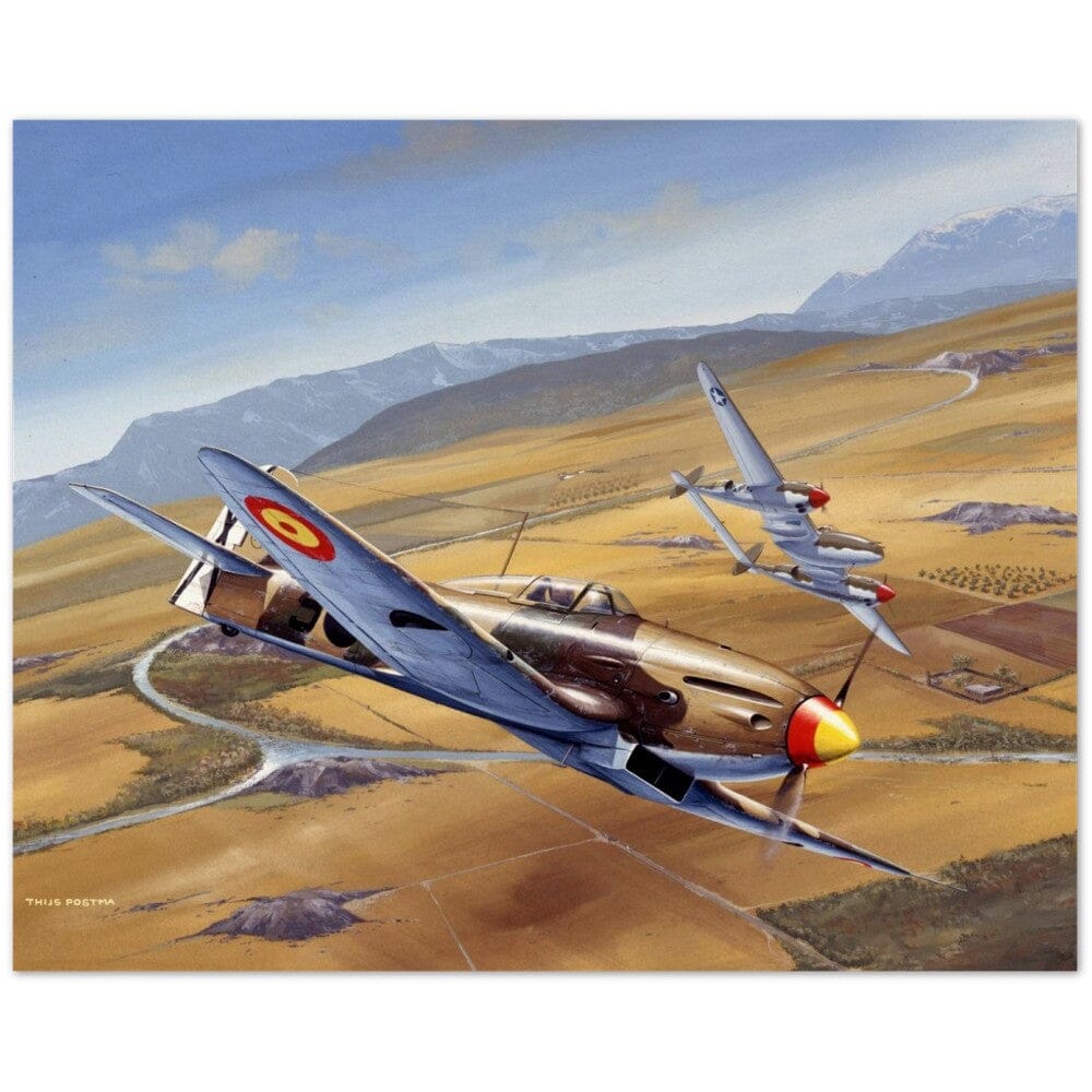 Thijs Postma - Poster - Spanish Heinkel He 112 Intercepting A Lockheed P-38 Lightning Poster Only TP Aviation Art 40x50 cm / 16x20″ 