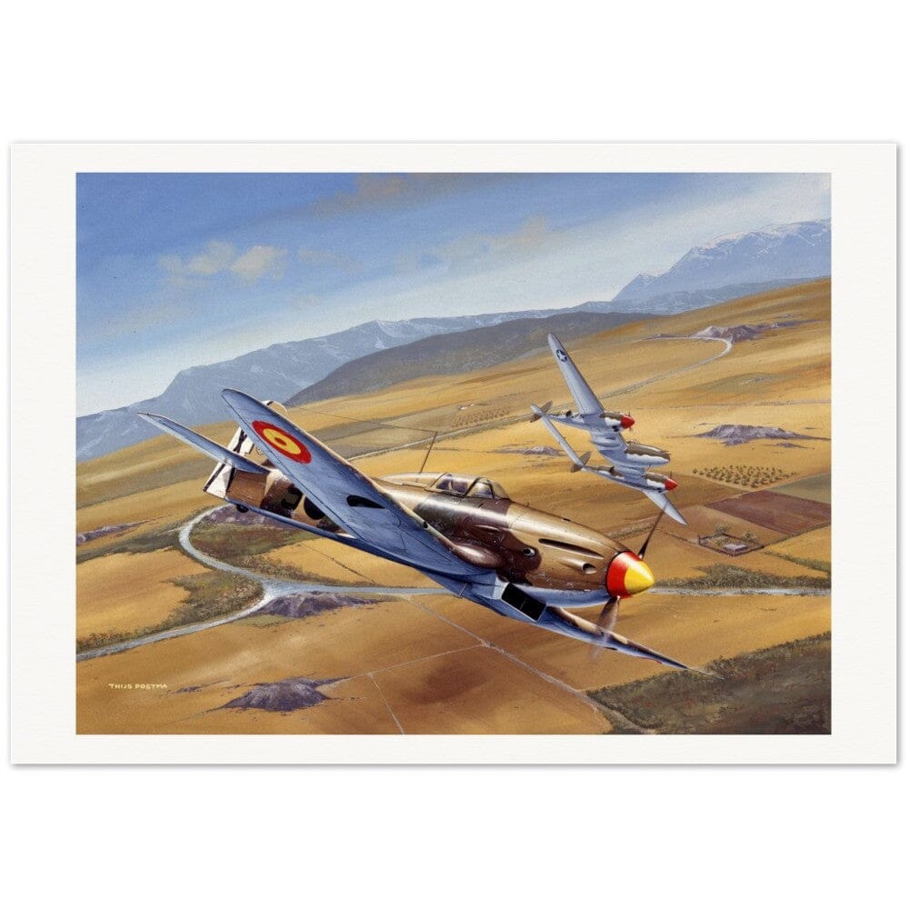 Thijs Postma - Poster - Spanish Heinkel He 112 Intercepting A Lockheed P-38 Lightning Poster Only TP Aviation Art 