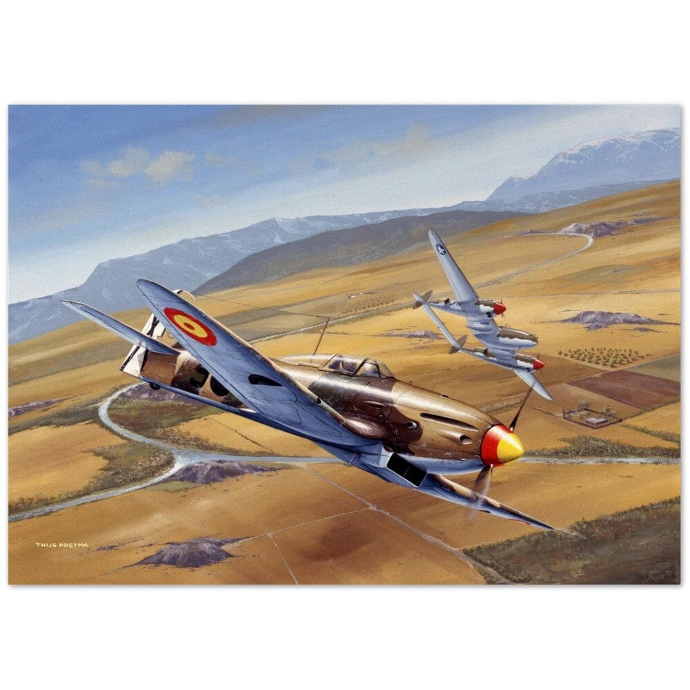 Thijs Postma - Poster - Spanish Heinkel He 112 Intercepting A Lockheed P-38 Lightning Poster Only TP Aviation Art 50x70 cm / 20x28″ 