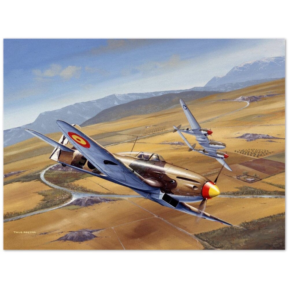Thijs Postma - Poster - Spanish Heinkel He 112 Intercepting A Lockheed P-38 Lightning Poster Only TP Aviation Art 60x80 cm / 24x32″ 