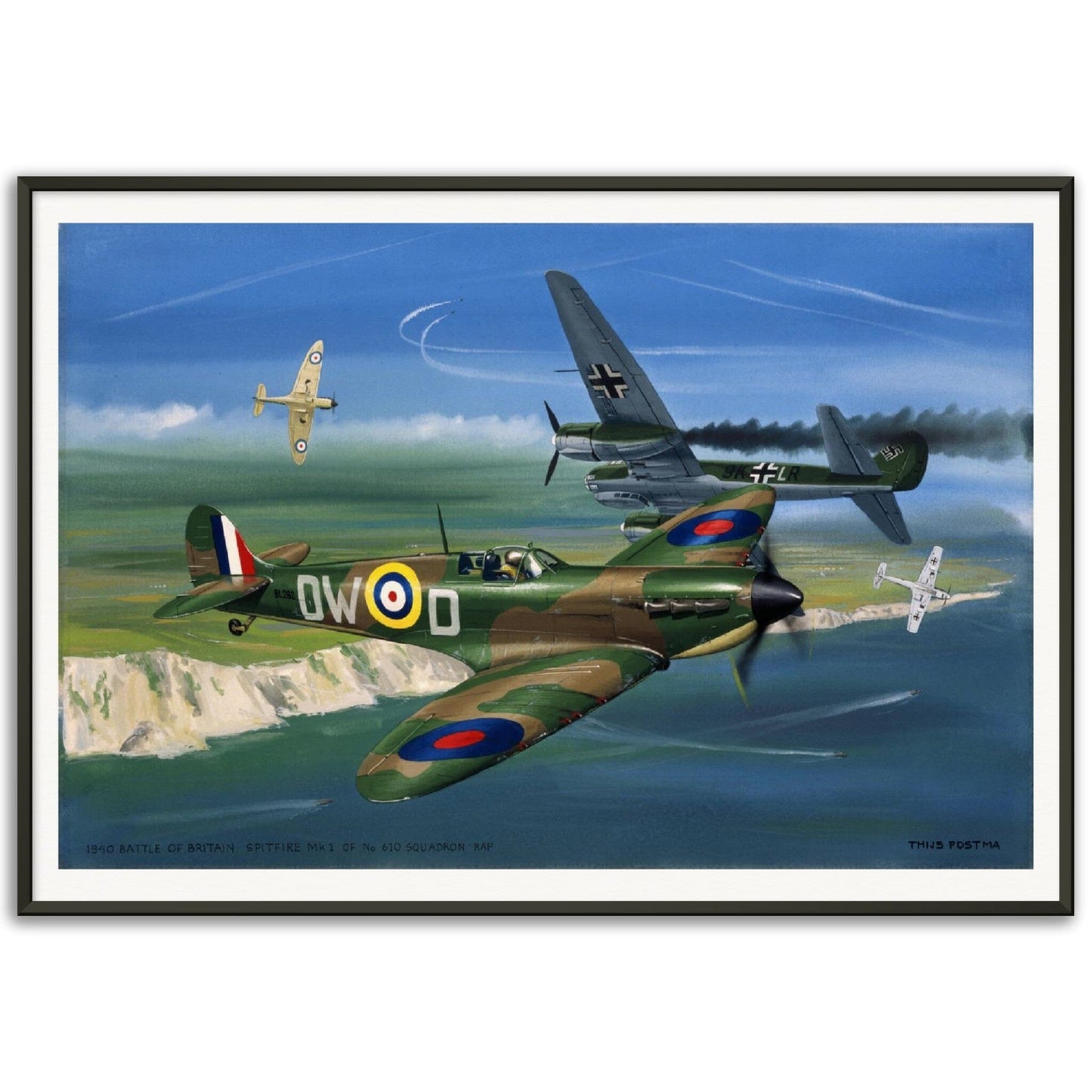 Thijs Postma - Poster - Supermarine Spitfire Mk.1 Battle Of Britain - Metal Frame Poster - Metal Frame TP Aviation Art 70x100 cm / 28x40″ Black 