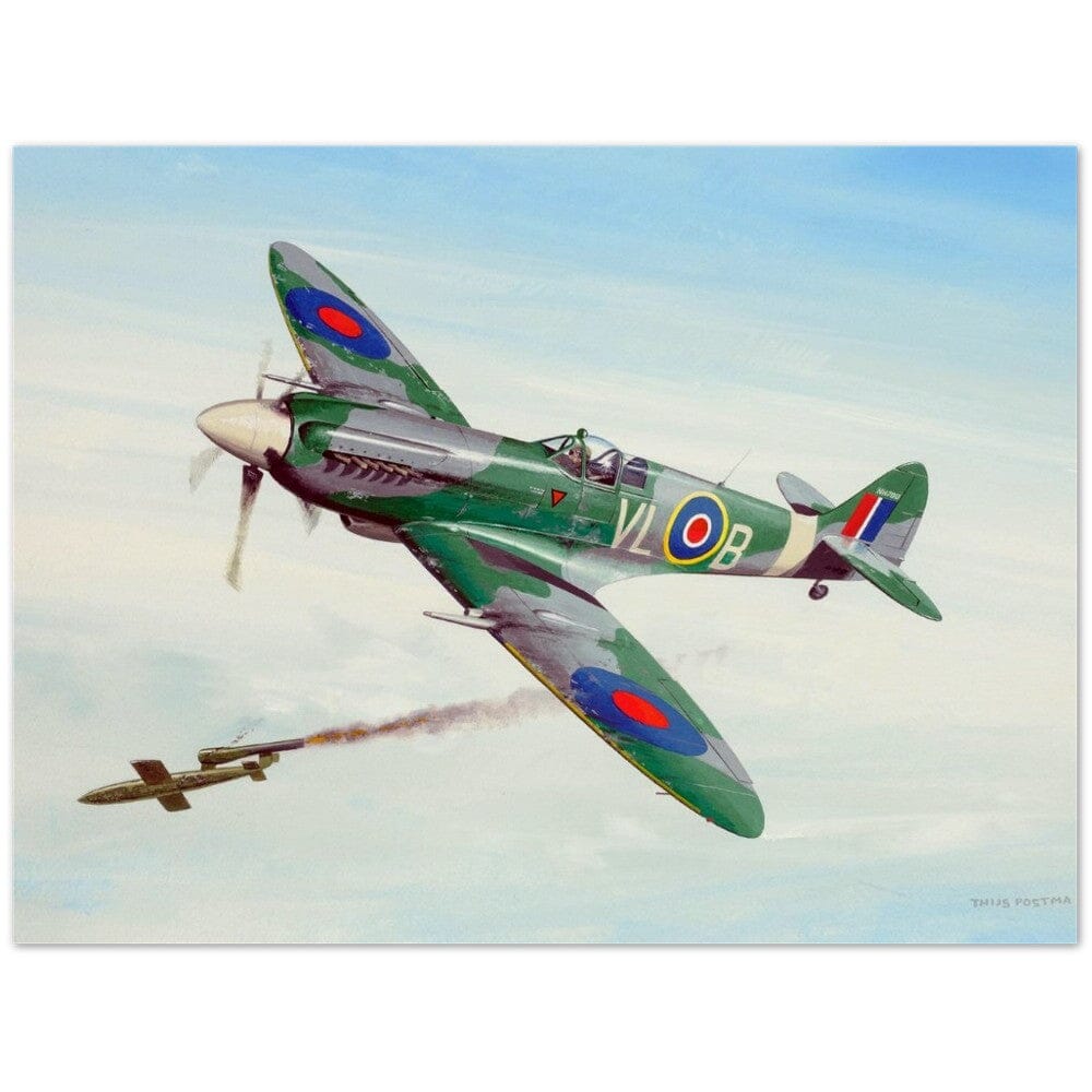 Thijs Postma - Poster - Supermarine Spitfire Mk.14 Shooting Down V-1 Flying Bomb Poster Only TP Aviation Art 45x60 cm / 18x24″ 