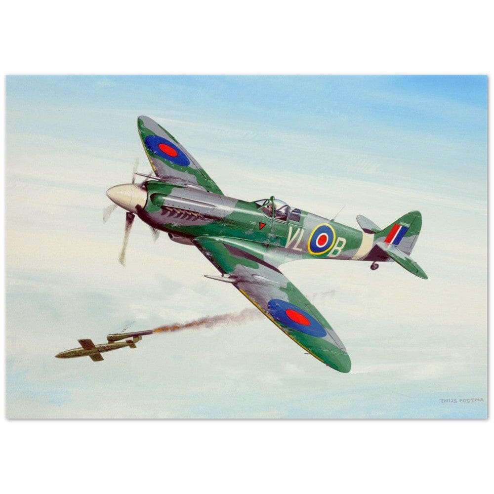 Thijs Postma - Poster - Supermarine Spitfire Mk.14 Shooting Down V-1 Flying Bomb Poster Only TP Aviation Art 50x70 cm / 20x28″ 