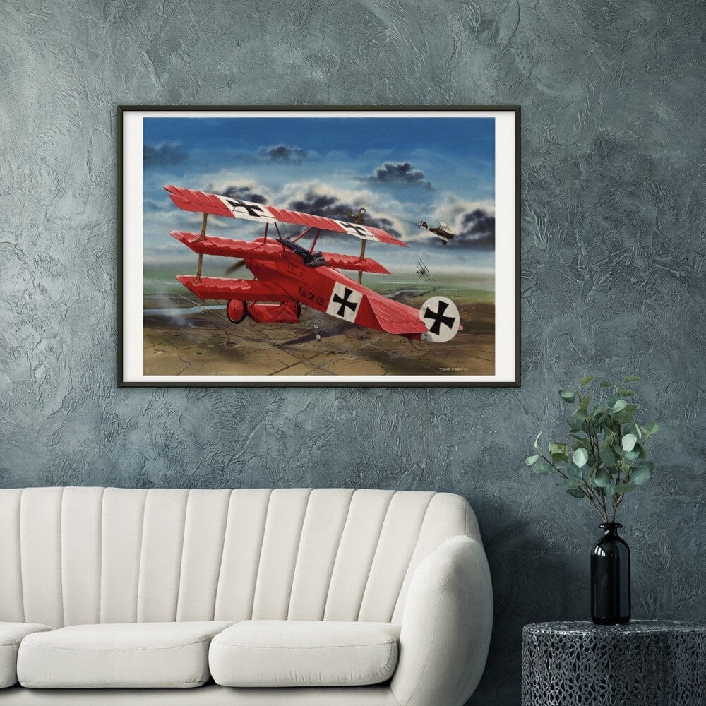 Thijs Postma - Poster - The Red Baron In His Fokker Dr.I Hunting For SE-5As - Metal Frame Poster - Metal Frame TP Aviation Art 