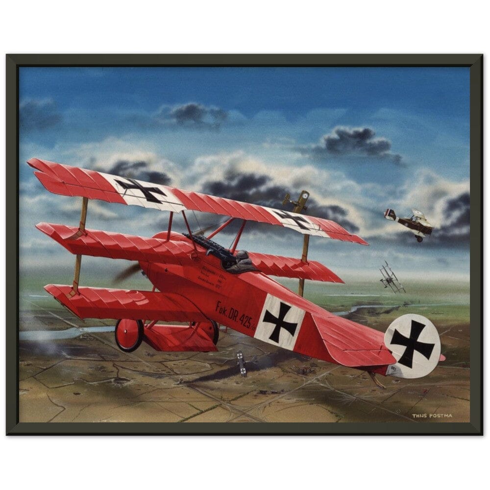 Thijs Postma - Poster - The Red Baron In His Fokker Dr.I Hunting For SE-5As - Metal Frame Poster - Metal Frame TP Aviation Art 40x50 cm / 16x20″ Black 