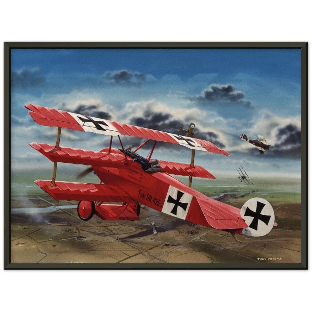 Thijs Postma - Poster - The Red Baron In His Fokker Dr.I Hunting For SE-5As - Metal Frame Poster - Metal Frame TP Aviation Art 45x60 cm / 18x24″ Black 