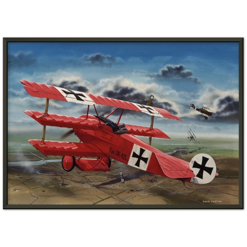 Thijs Postma - Poster - The Red Baron In His Fokker Dr.I Hunting For SE-5As - Metal Frame Poster - Metal Frame TP Aviation Art 50x70 cm / 20x28″ Black 