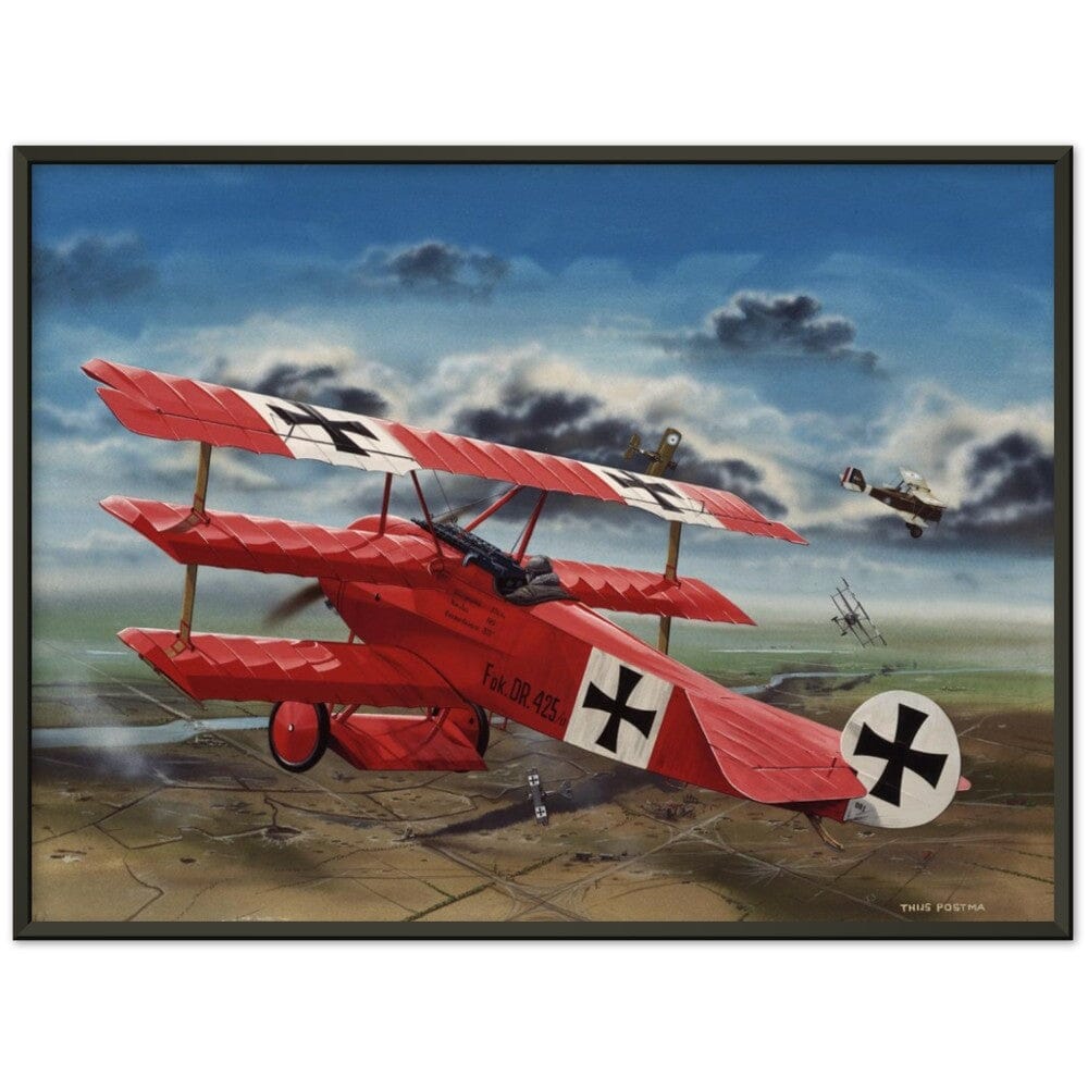 Thijs Postma - Poster - The Red Baron In His Fokker Dr.I Hunting For SE-5As - Metal Frame Poster - Metal Frame TP Aviation Art 60x80 cm / 24x32″ Black 