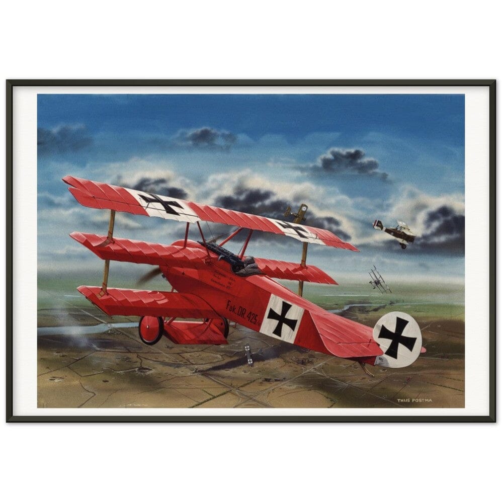 Thijs Postma - Poster - The Red Baron In His Fokker Dr.I Hunting For SE-5As - Metal Frame Poster - Metal Frame TP Aviation Art 70x100 cm / 28x40″ Black 