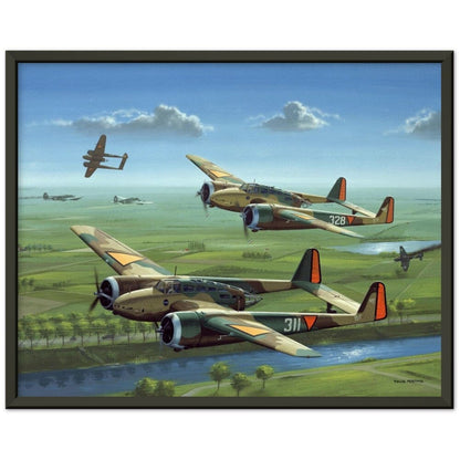 Thijs Postma - Poster - Three Fokker G.I’s Downing German Invaders - Metal Frame Poster - Metal Frame TP Aviation Art 40x50 cm / 16x20″ Black 