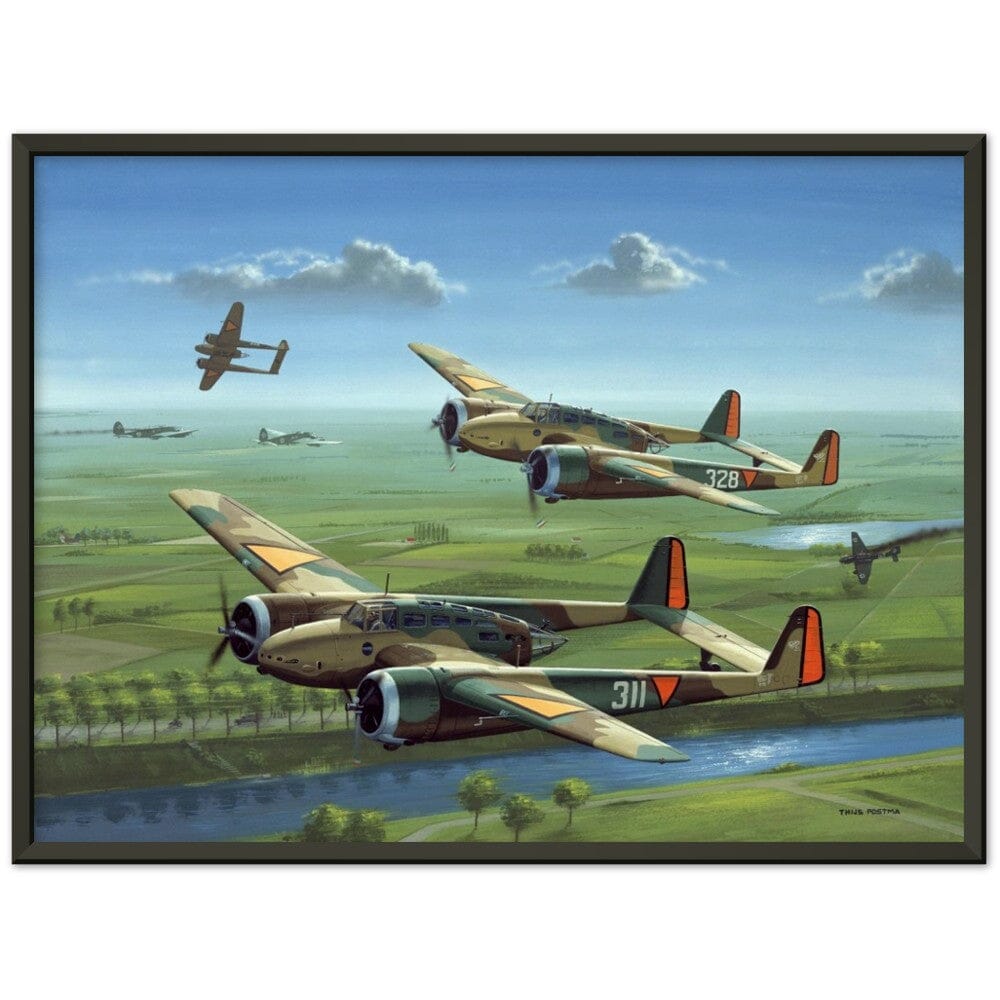 Thijs Postma - Poster - Three Fokker G.I’s Downing German Invaders - Metal Frame Poster - Metal Frame TP Aviation Art 45x60 cm / 18x24″ Black 