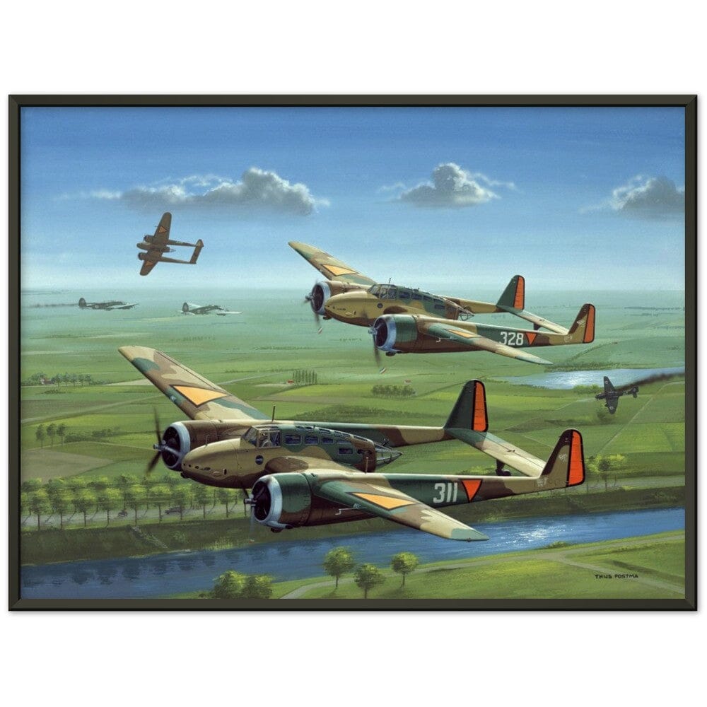 Thijs Postma - Poster - Three Fokker G.I’s Downing German Invaders - Metal Frame Poster - Metal Frame TP Aviation Art 60x80 cm / 24x32″ Black 