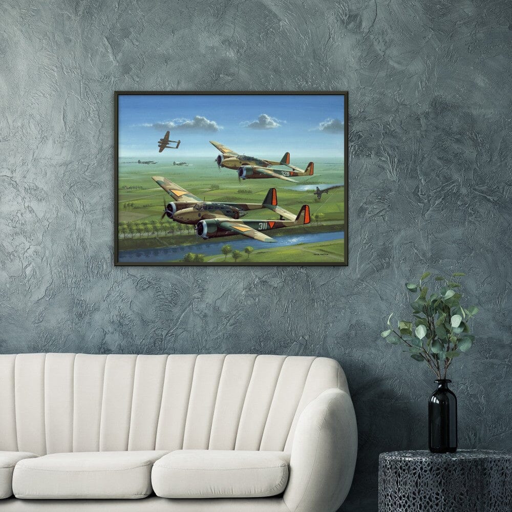 Thijs Postma - Poster - Three Fokker G.I’s Downing German Invaders - Metal Frame Poster - Metal Frame TP Aviation Art 