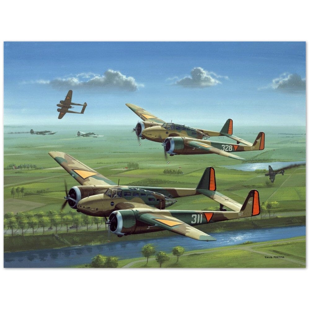 Thijs Postma - Poster - Three Fokker G.I’s Downing German Invaders Poster Only TP Aviation Art 45x60 cm / 18x24″ 