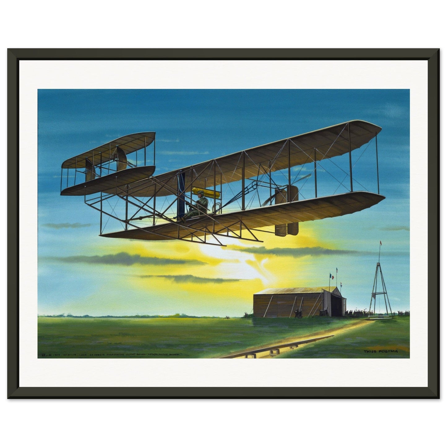 Thijs Postma - Poster - Wright Flyer First Flight Over The Netherlands 1909 - Metal Frame Poster - Metal Frame TP Aviation Art 40x50 cm / 16x20″ 