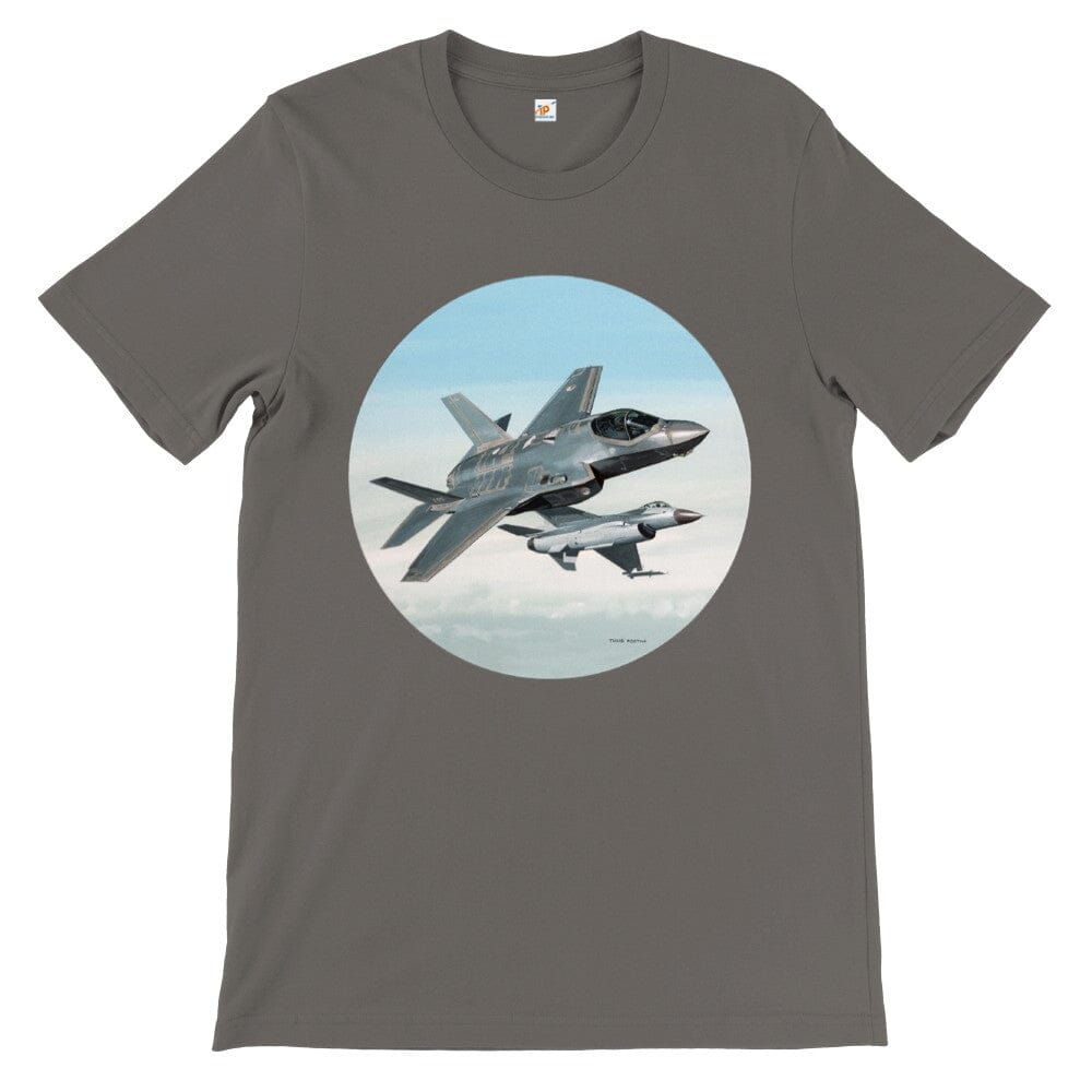 Thijs Postma - T-shirt - Lockheed-Martin F-35 JSF Next To F-16 - Premium Unisex T-shirt TP Aviation Art Asphalt S 