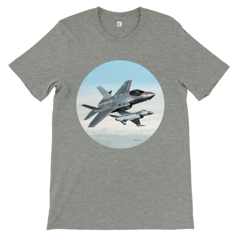 Thijs Postma - T-shirt - Lockheed-Martin F-35 JSF Next To F-16 - Premium Unisex T-shirt TP Aviation Art Athletic Heather S 