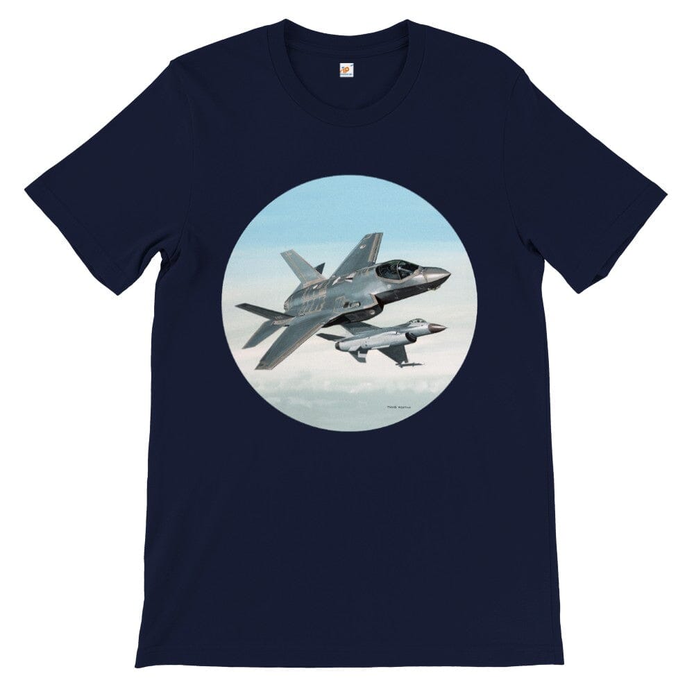 Thijs Postma - T-shirt - Lockheed-Martin F-35 JSF Next To F-16 - Premium Unisex T-shirt TP Aviation Art Navy S 