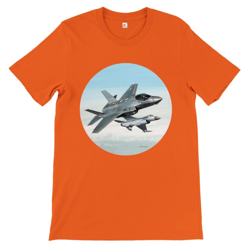 Thijs Postma - T-shirt - Lockheed-Martin F-35 JSF Next To F-16 - Premium Unisex T-shirt TP Aviation Art Orange S 