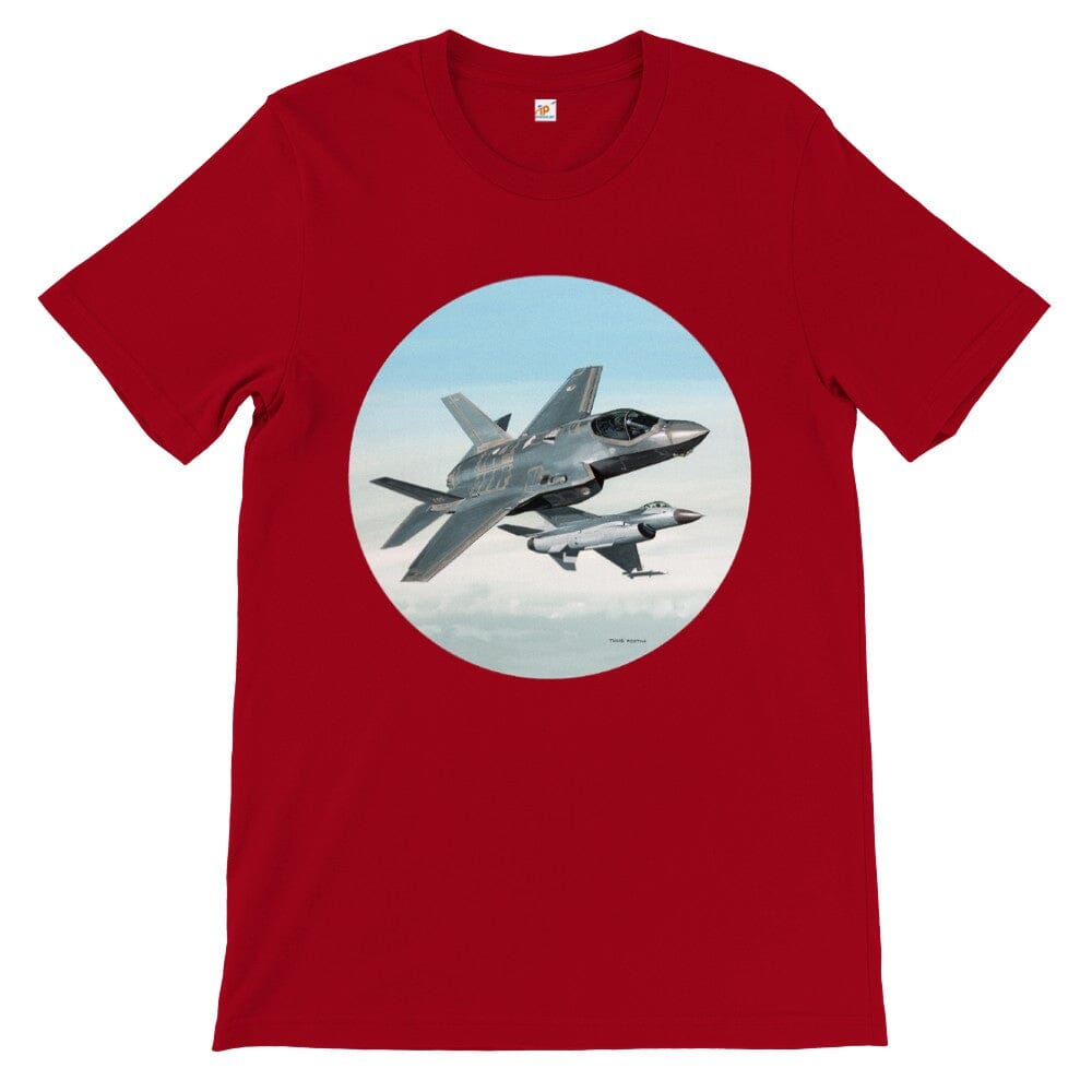 Thijs Postma - T-shirt - Lockheed-Martin F-35 JSF Next To F-16 - Premium Unisex T-shirt TP Aviation Art Red S 