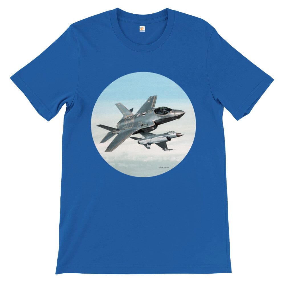 Thijs Postma - T-shirt - Lockheed-Martin F-35 JSF Next To F-16 - Premium Unisex T-shirt TP Aviation Art Royal S 