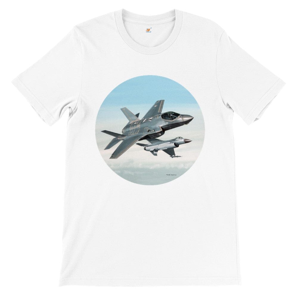 Thijs Postma - T-shirt - Lockheed-Martin F-35 JSF Next To F-16 - Premium Unisex T-shirt TP Aviation Art White S 