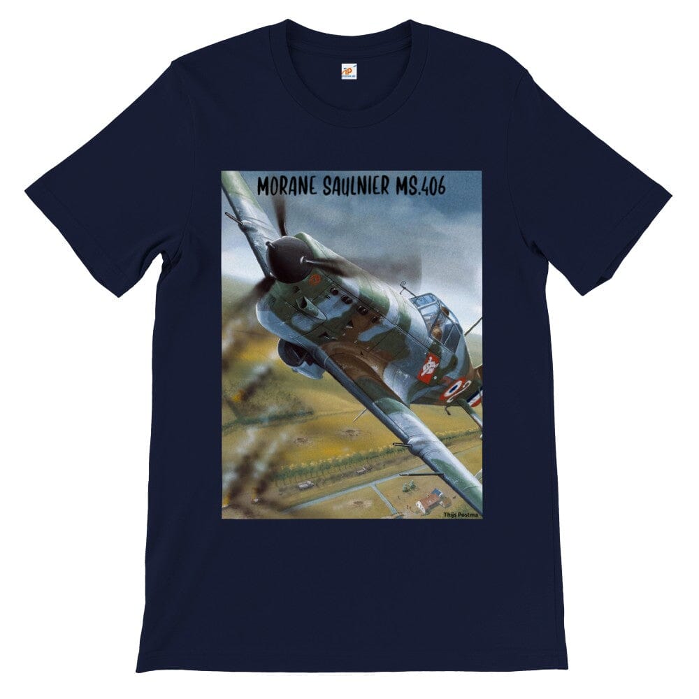 Thijs Postma - T-shirt - Morane Saulnier MS.406 In Action In 1940 - Premium Unisex T-shirt TP Aviation Art Navy S 