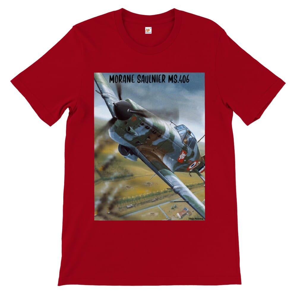 Thijs Postma - T-shirt - Morane Saulnier MS.406 In Action In 1940 - Premium Unisex T-shirt TP Aviation Art Red S 