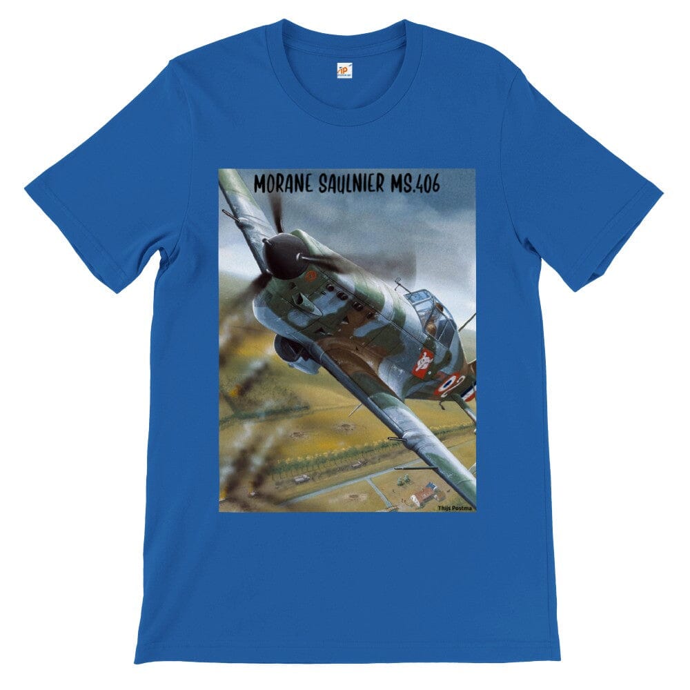 Thijs Postma - T-shirt - Morane Saulnier MS.406 In Action In 1940 - Premium Unisex T-shirt TP Aviation Art Royal S 