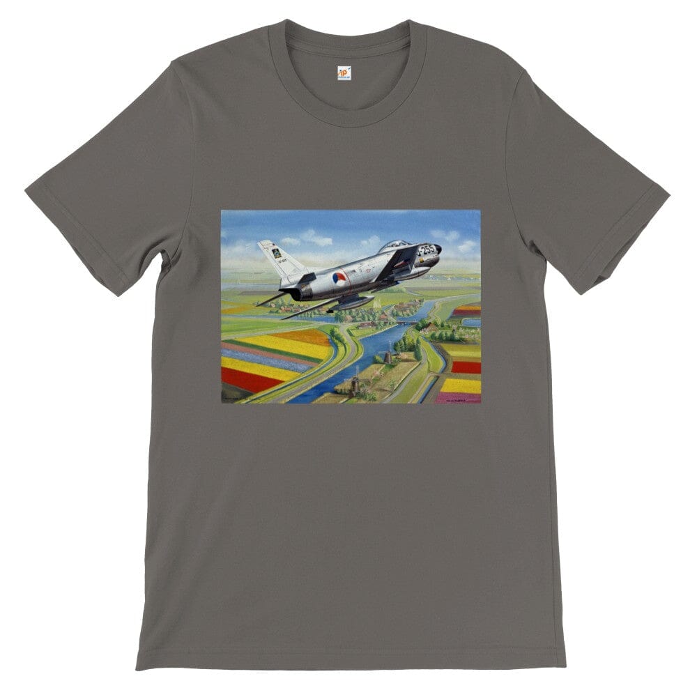 Thijs Postma - T-shirt - North American F-86K Sabre Over Dutch Landscape - Premium Unisex T-shirt TP Aviation Art Asphalt S 