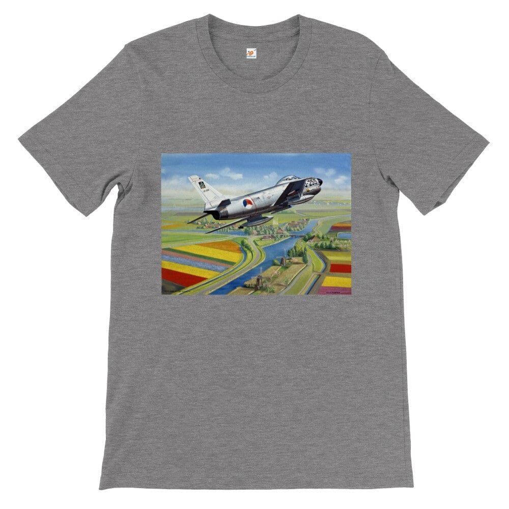 Thijs Postma - T-shirt - North American F-86K Sabre Over Dutch Landscape - Premium Unisex T-shirt TP Aviation Art Dark Gray Heather S 
