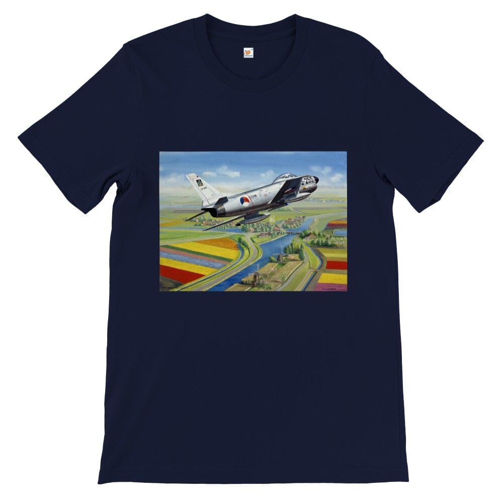 Thijs Postma - T-shirt - North American F-86K Sabre Over Dutch Landscape - Premium Unisex T-shirt TP Aviation Art Navy S 