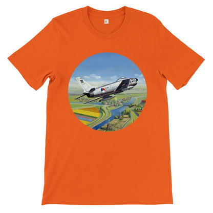 Thijs Postma - T-shirt - North American F-86K Sabre Over Dutch Landscape - Premium Unisex T-shirt TP Aviation Art Orange S 