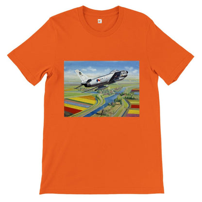 Thijs Postma - T-shirt - North American F-86K Sabre Over Dutch Landscape - Premium Unisex T-shirt TP Aviation Art Orange S 